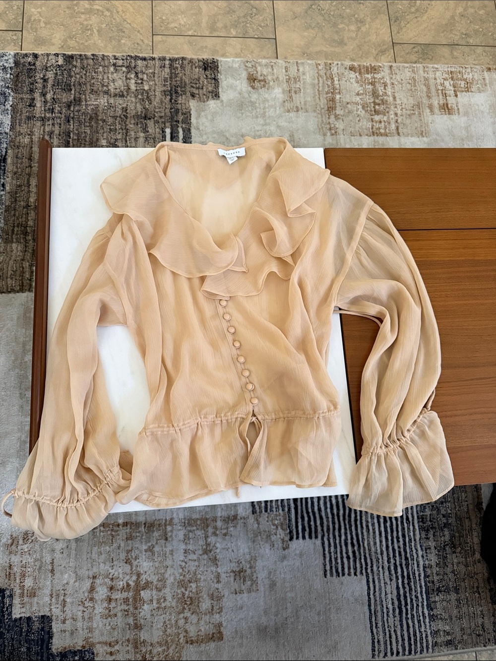 Topshop Sheer Ruffle-Trim Button Front Blouse in Beige